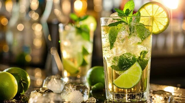 Refreshing mojito served with fresh mint and lime on a bar counter illuminated by soft light during a summer evening gathering