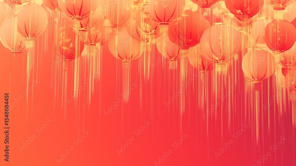 Poster chinese new year minimalistic design with clusters of red and gold lanterns at the top, a smooth red