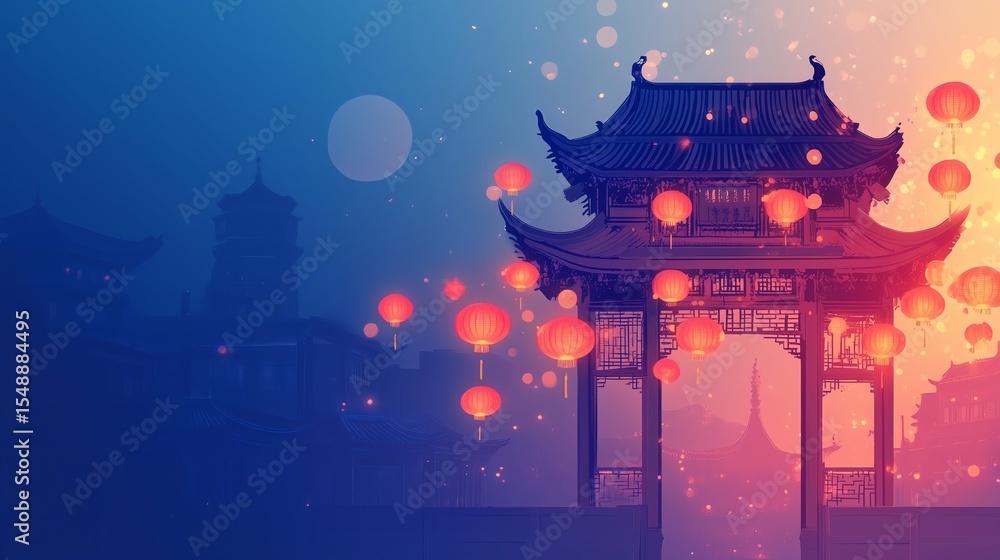 Poster stylized minimalistic depiction of lanterns and fireworks in a dark sky with golden sparkles, clean 