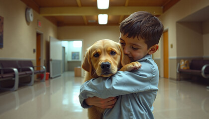 Young boy hugging golden retriever dog in a waiting room