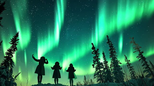 Dancers celebrate under the mesmerizing aurora borealis in a remote winter landscape with tall trees surrounding them