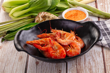 Delicous boiled tiger prawn with sauce