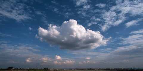 Fluffy white cloud in vast blue sky over expansive landscape