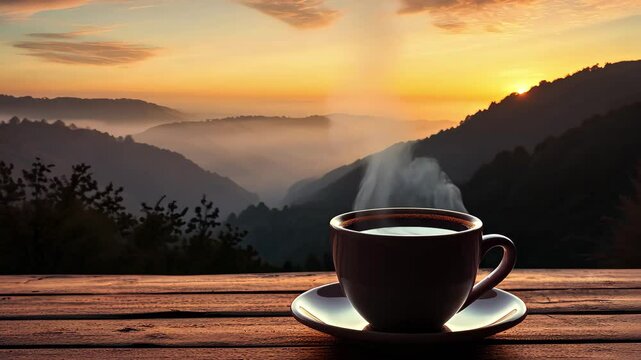 A steaming ceramic mug of coffee on a wooden table with a breathtaking sunrise over misty mountains in the background during early morning hours