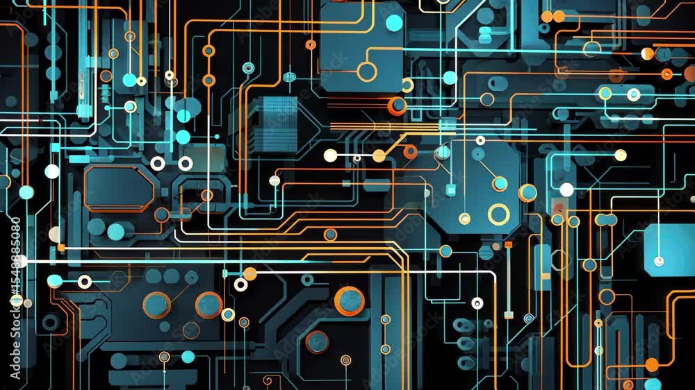 Poster an abstract design featuring interconnected circuits illuminated in vibrant colors, creating a visua