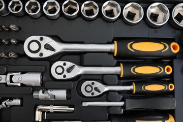 Toolbox with many different tools, including wrenches and screwdrivers. Tools in a set. Universal...