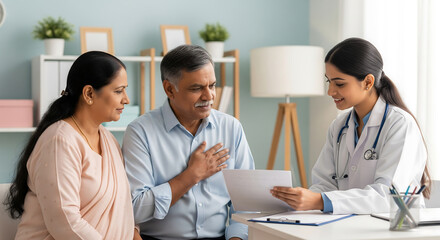 Doctor Consulting with Senior Couple in Clinic