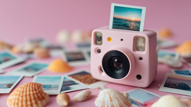 Pastel pink camera prints beach images surrounded by seashells, evoking summer memories and a sense of nostalgia.