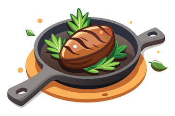 Grilled Steak in Pan with Herbs Culinary Illustration Food Presentation