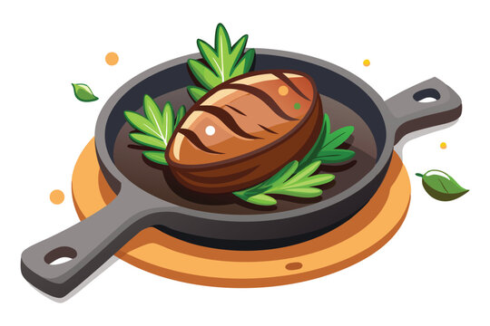 brown steak in pan with green herbs clip art preview