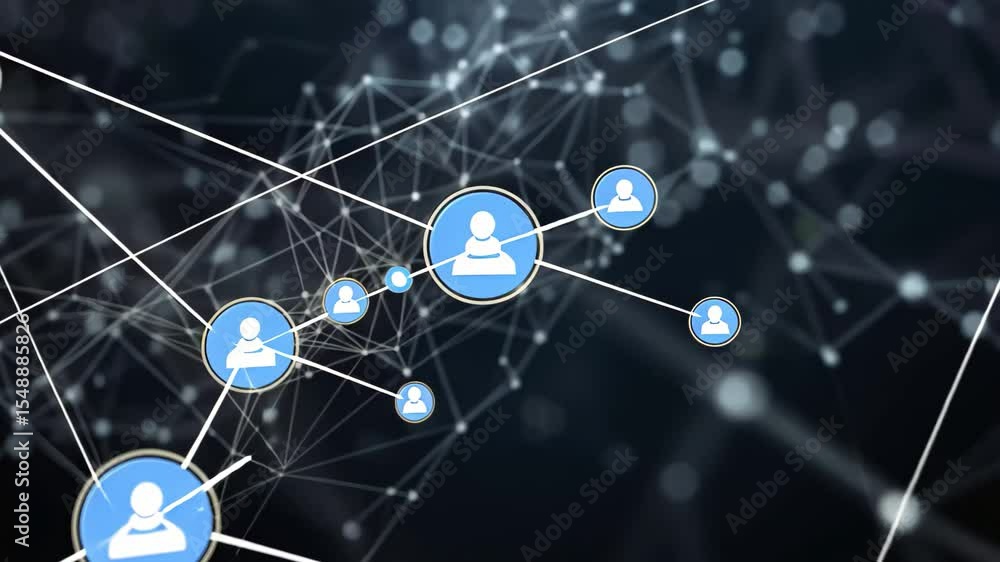 Poster a digital background featuring a complex network of dots illuminated against a dark backdrop, repres