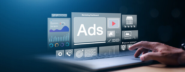 Digital marketing interface with advertising dashboard, analytics charts, AI content tools, and...