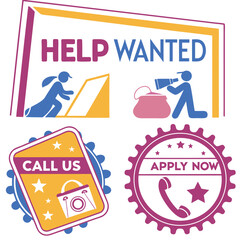 Obraz premium Four colorful help wanted badges or labels