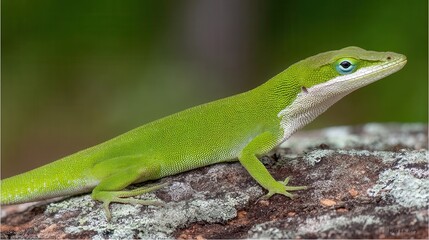 Fototapeta premium Close-up of a vibrant green lizard on a textured surface.