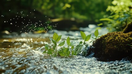 Sparkling Stream: Young Plants Emerge Beside Mossy Rock, Water Droplets Dance
