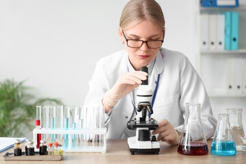 Female scientist with microscope working in laboratory