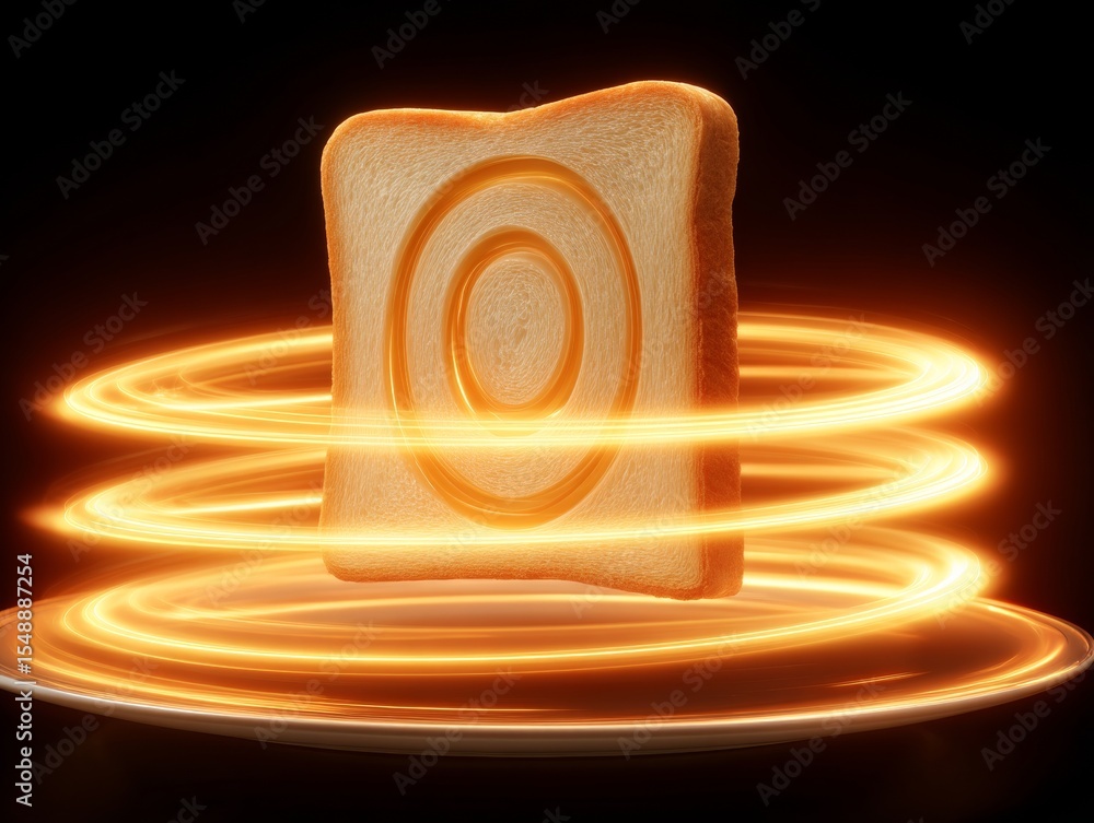 Poster futuristic slice of bread with glowing neon circles on hovering plate
