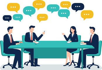 Corporate team discussion at meeting table, business communication, collaboration strategy, idea exchange, workplace conversation, professional teamwork planning session.

 flat vector illustration