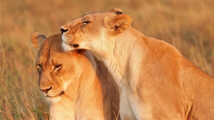 Obraz premium Two lionesses close together in a natural setting.