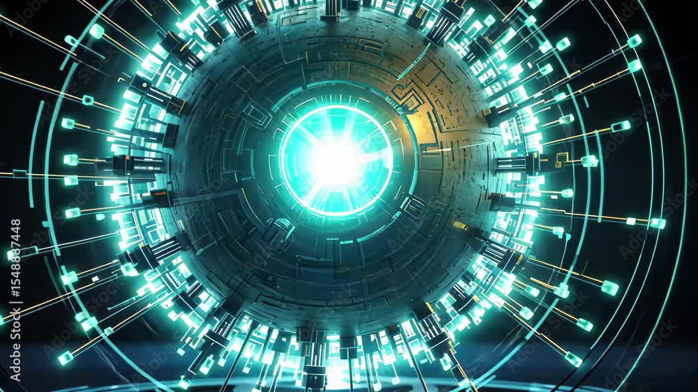 Poster a cybernetic sphere with glowing nodes and intricate designs, illuminated in a dark environment, sho