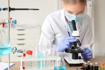 Female scientist with medical mask looking through microscope in laboratory