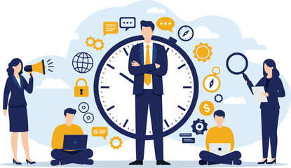 Time Management and Business Strategy: Team Collaboration for Efficiency and Success flat vector illustration