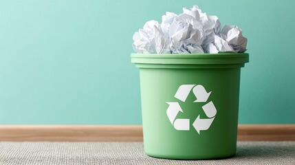 Green recycling bin filled with crumpled paper on carpet against teal wall