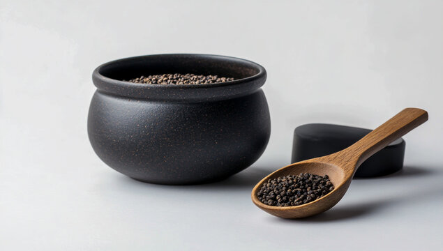 A close-up view of black cumin seeds in a small matte black ceramic bowl, along with a rustic wooden spoon, arranged on a clean white background, for a minimalist and organic presentation.
