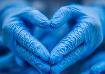 Blue surgical gloved hands forming heart shape as symbol of healthcare support