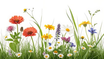 Fototapeta premium Contrasting wildflowers and grass arranged horizontally, perfect for banner usage.