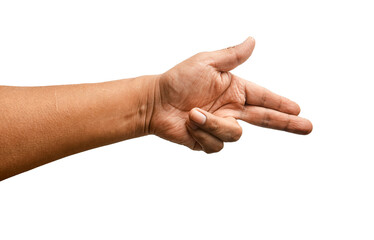 Finger-Gun Hand Gesture of Latino Man Isolated on White Background
