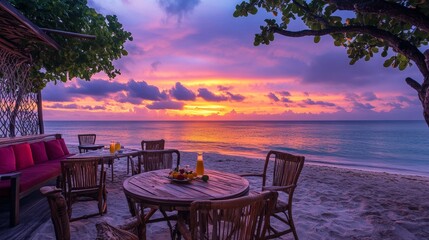 Tropical beach sunset with vibrant purple sky and rustic seating on sandy shore