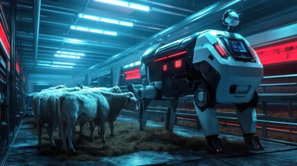 Futuristic Farm: Robot Shepherd Tending to Cattle in a Neon-Lit Barn