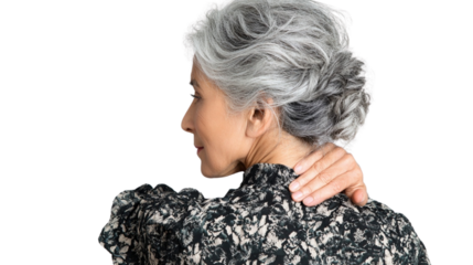 Adult woman holding her neck from behind isolated on transparent or white background, png