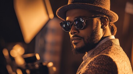 Stylish musician wearing sunglasses and hat posing in recording studio