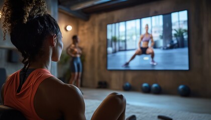 Women exercising at home following online fitness class on tv