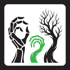 Spooky Halloween Graphic with Skeletal Hands and Bare Tree Silhouette, A Chilling October Design
