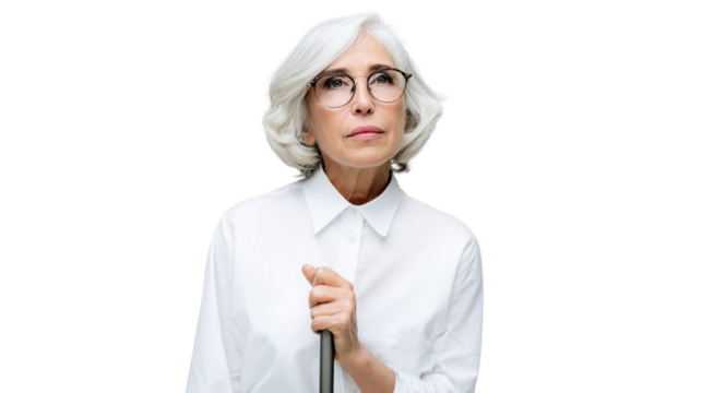 Gray-haired woman with glasses isolated on transparent or white background, png