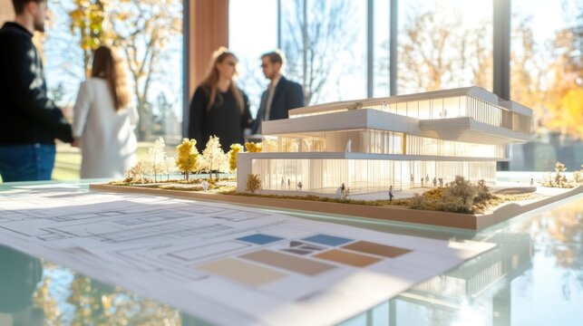 Architects evaluating an architectural model of a sustainable building