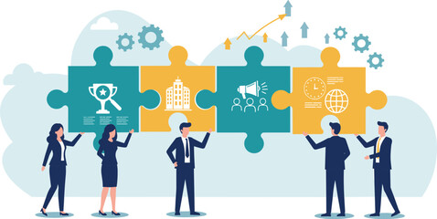 Teamwork strategy connecting puzzle pieces, business planning, marketing collaboration, growth development, leadership success, corporate management, 

 flat vector illustration