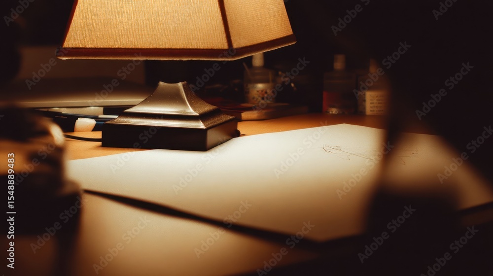 Poster a lamp illuminates a sheet of paper with a sketch.