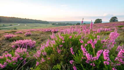 Bright pink heather flowers blooming in a lush green field under daylight.
