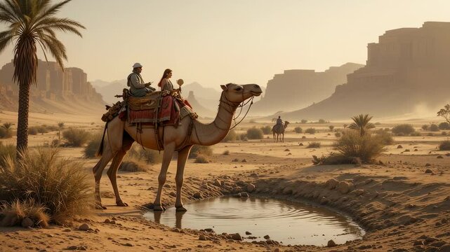 Majestic Camel Caravan Crossing the Arid Desert Landscape Near AlUla, Saudi Arabia