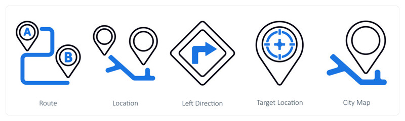 A set of 5 mix icons as route, location, left direction