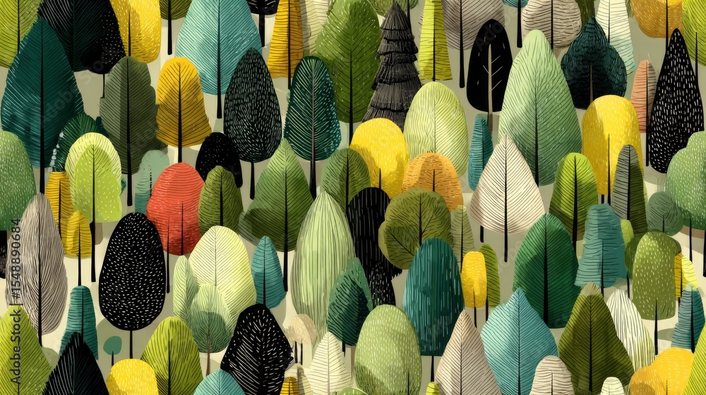 Poster colorful abstract forest with diverse tree patterns and textures
