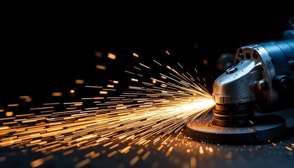 Close up of angle grinder producing bright sparks during metal grinding work