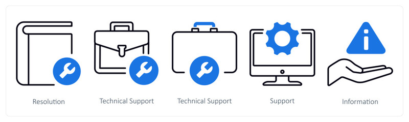 A set of 5 mix icons as resolution, technical support, support