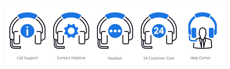 A set of 5 mix icons as call support, contact helpline, headset