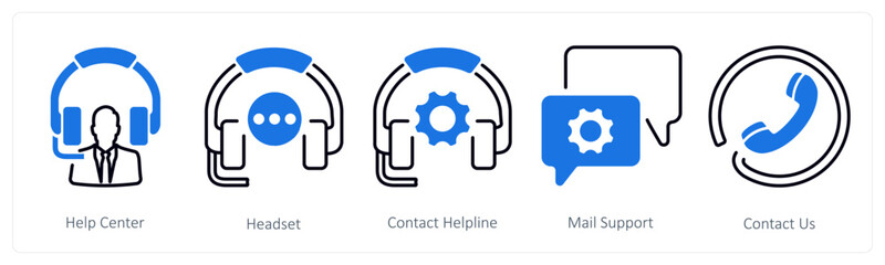 A set of 5 mix icons as help center, headset, contact helpline