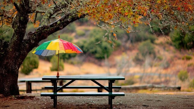 Colorful umbrella rests over a park picnic table.
